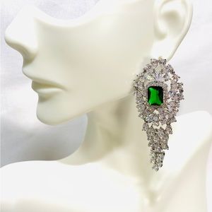 Green and clear cubic zirconia long earrings
